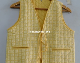 Yellow cotton vest, cotton quilted vest coat, short vest jacket, boho hippie designer cotton vest coat, short jackets