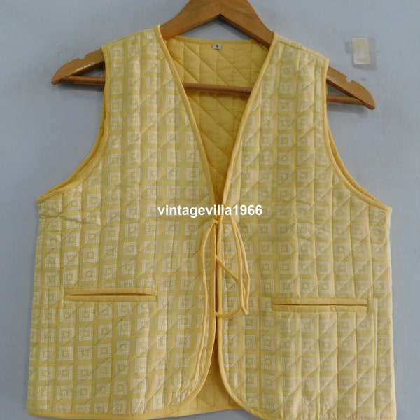 Yellow cotton vest, cotton quilted vest coat, short vest jacket, boho hippie designer cotton vest coat, short jackets