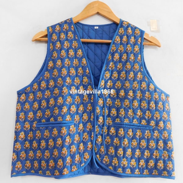Women wear vest coat, bohemian hippie designer vest, Quilted short jacket, blue floral printed sleeveless vests