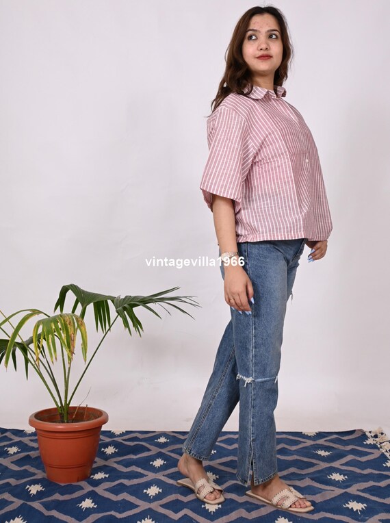 Striped Handloom Cotton Shirt: Oversize Khadi Blouse