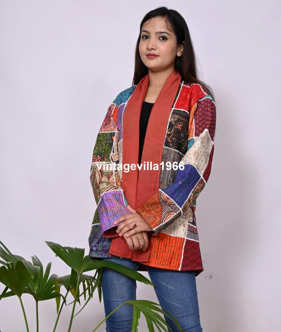 Silk Patchwork Quilted Jacket: One Size Saree Coat - image 5