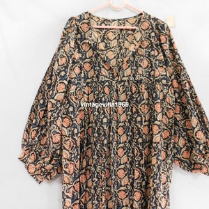 Black bamboo dress, cotton midi dress, floral printed mini dress, boho hippie baggy sleeve designer winter color casual dress for women
