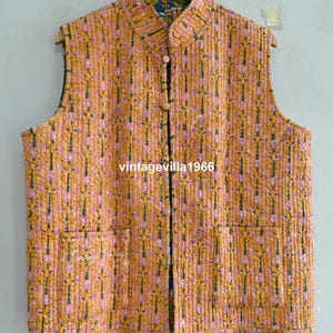 Yellow Block Print Quilted Vest: Reversible Cotton Bohemian Jacket