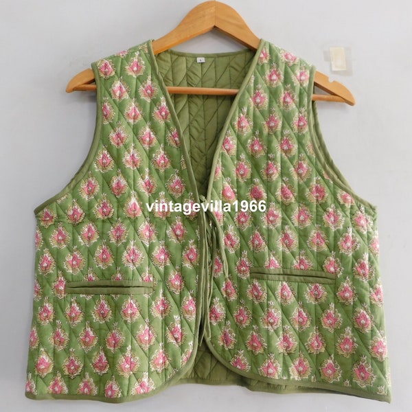 Green cotton vest, cotton block print vest, vest coat, designer waist coat for women, short jacket for winter, casual wear top vest