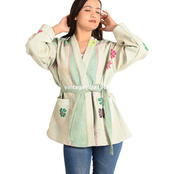 Cotton kantha jacket, kantha jackets, cotton kantha kimono, kantha quilted kimono bathrobe, vintage kantha jacket