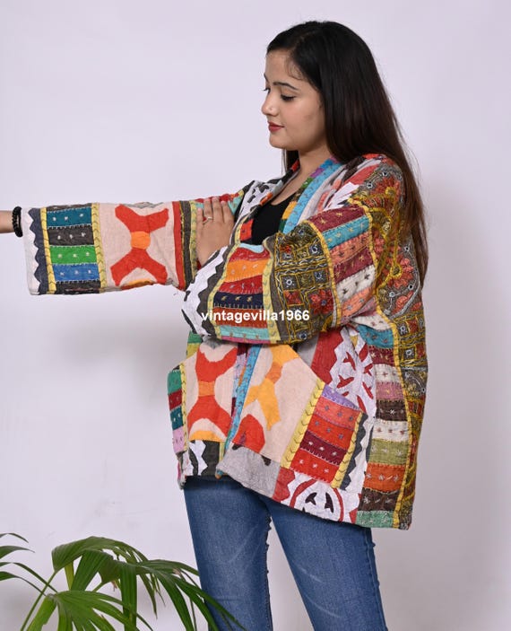 Handmade Kantha Cotton Jacket: Patchwork Embroide… - image 4