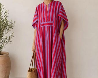 Boho Striped Cotton Kaftan Dress | Oversized Resort Wear, Summer Beach Cover Up