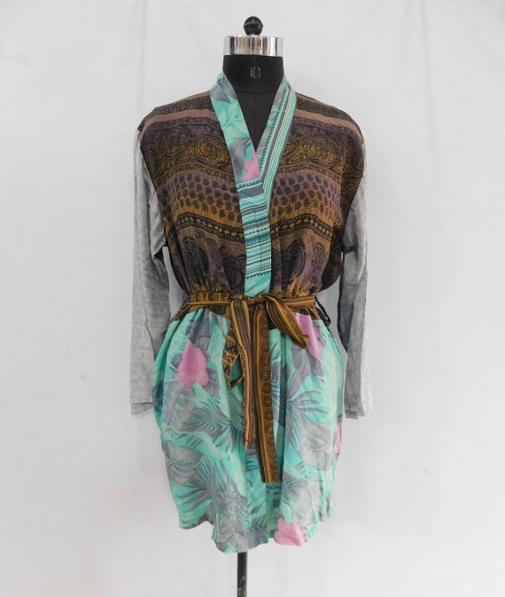 Silk beach wear dress, vintage sari kimono, pure … - image 7
