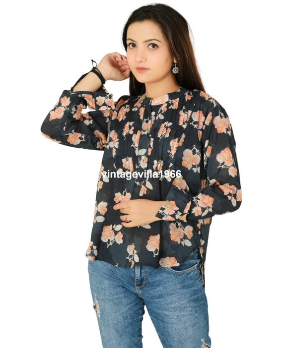 Camicia con stampa floreale nera, camicetta con stampa a blocchi