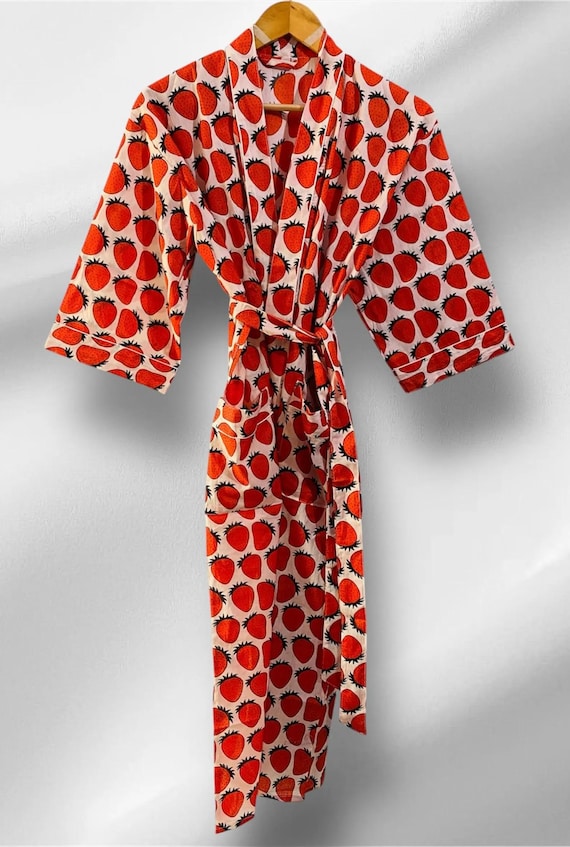 printed cotton dressing gown Hand-Printed Cotton Kimono Robe: Boho Dressing Gown, Lightweight Organic Cotton
