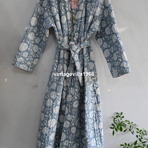 Floral printed kimono jacket: Boho Quilted long bathrobe dressing gown