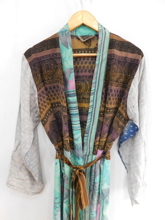 Silk beach wear dress, vintage sari kimono, pure … - image 4