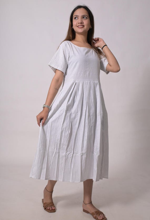 Handmade Cotton Midi Dress, White Striped Summer Tunic