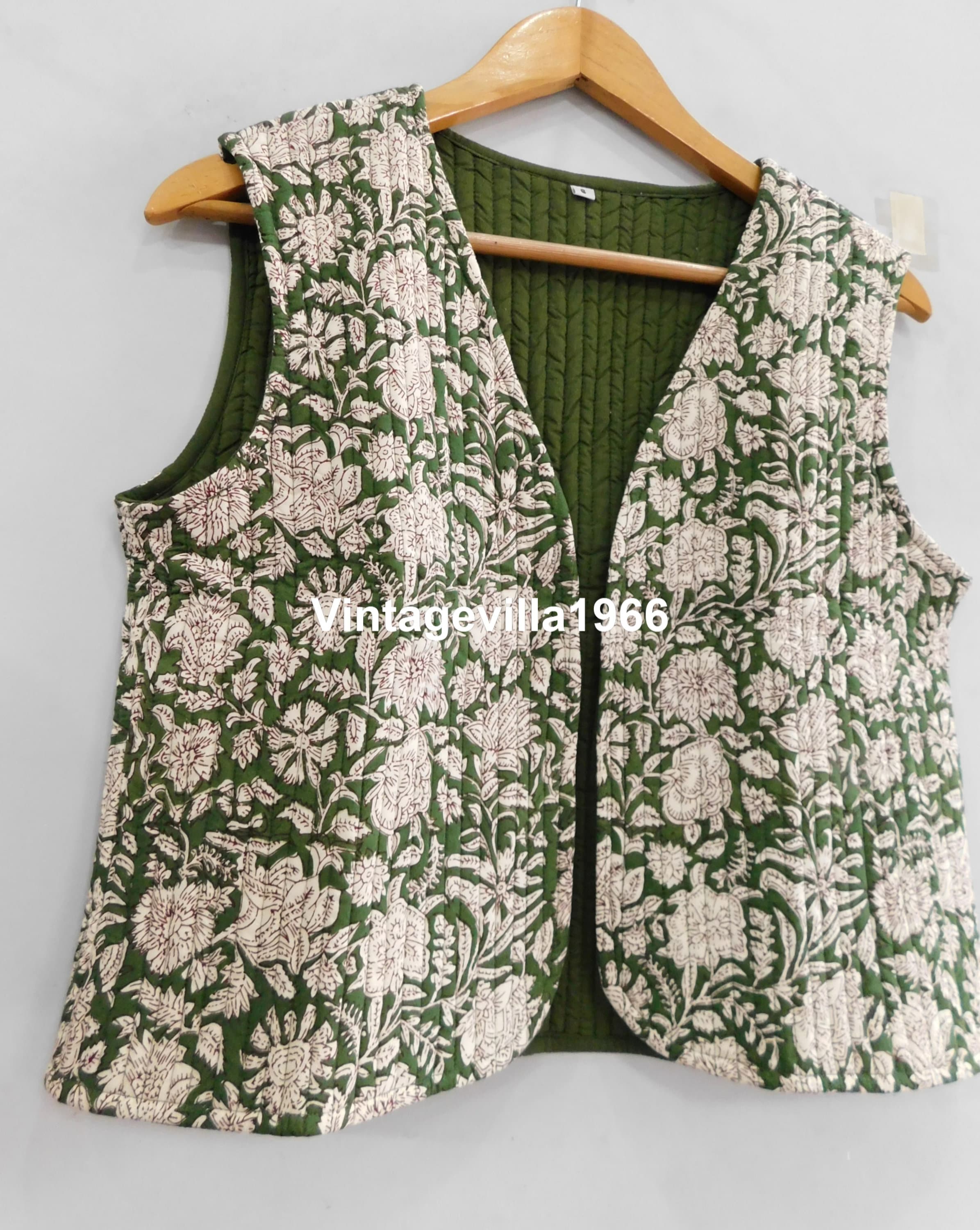 Handmade Block Print Cotton Vest: Green Floral Quilted Jacket - Etsy