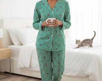 Cotton Green Pajama Set: Women sleepwear Long Pants PJs