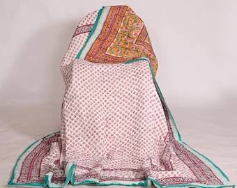 Hand Block Print Cotton Quilt: Reversible Jaipuri Razai Queen Bedding