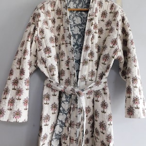 Palm Tree Quilted Cotton Kimono Robe: Hand Block Print Nightwear