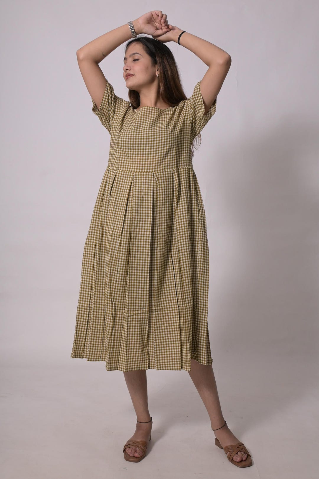 brown gingham midi dress Gingham Daydream Midi Dress