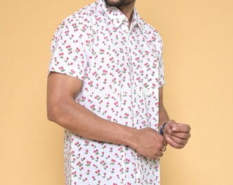 Hand Block Printed White Cotton Shirt: Men's Summer Casual Wear