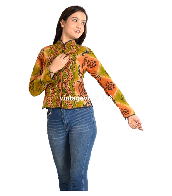 Giacca corta in kantha di cotone da donna, stile boho hippie