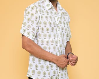 Hand Block Print Indian Cotton Men's Shirt: Short Sleeve Summer Wear