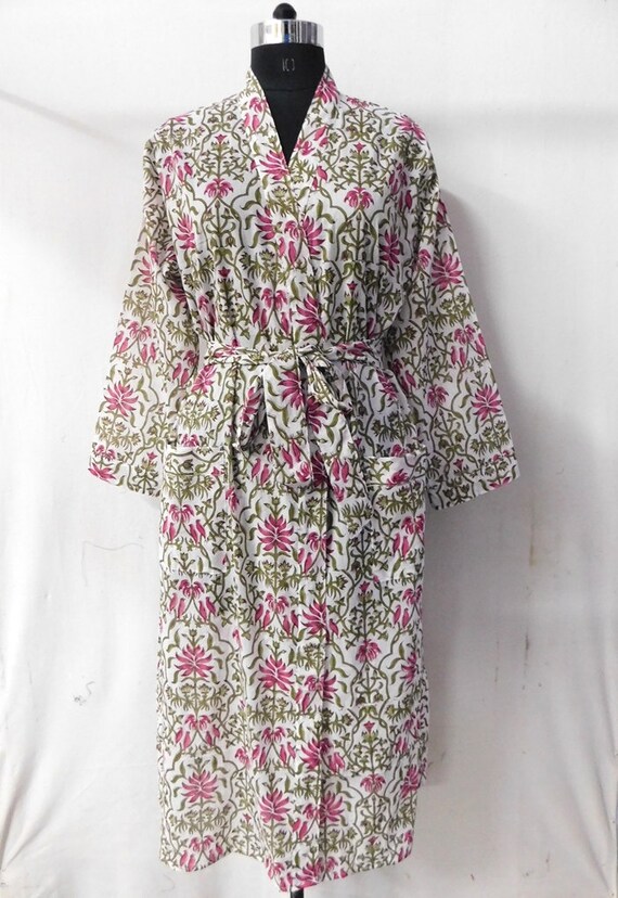 Designer Long Kimono Cotton Green Floral Print Bathrobe Nightwear Gown Intimate Sleepwear Block Print Bridal Dressing Gown Beach Dress New
