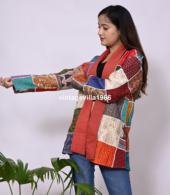 Silk Patchwork Quilted Jacket: One Size Saree Coat - image 3