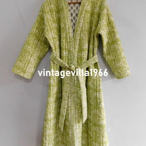 Green Floral Quilted Cotton Robe: Indian Block Print Kimono