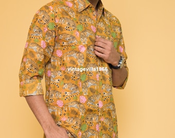 Tiger Print Cotton Men's Shirt: Handmade Designer Casual Wear