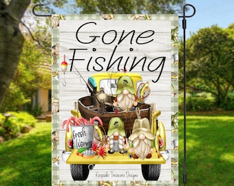 Gone Fishing Gnome Garden Flag: Yellow Truck PNG (Digital Download)