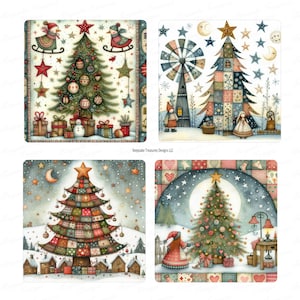 May include: Four square Christmas illustrations. Each depicts a decorated Christmas tree, gifts, and festive elements such as stars, snow, and a snowman. The artwork has a watercolour style with a vintage, cosy feel. The text "Keepsake Treasures Designs LLC" is visible.