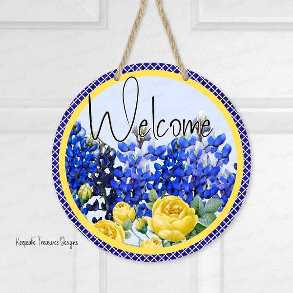 Welcome Wreath Attachment Bluebonnet and Yellow Rose, Wreath Attachment Pattern, PNG Sublimation Design, Digital Download, PNG Printable