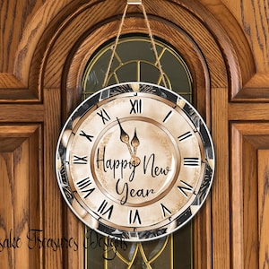 Bonne année, minuit, horloge, pièce jointe de couronne ronde, sublimation, modèle d'accroche-porte, imprimable PNG, clipart, graphique