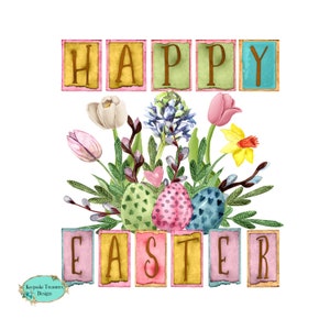 Felices Pascuas, Flores de primavera, Huevos de Pascua, Letrero de madera, Paños de cocina, Tabla de cortar, Diseño de sublimación, Descarga digital, PNG imprimible