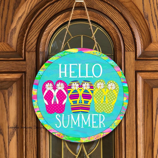 Hello Summer, Flip Flops, Door Hanger Template, Tropical, Sublimation Design, Door Décor, Digital  Download, PNG, Summer Wreath, Clip Art