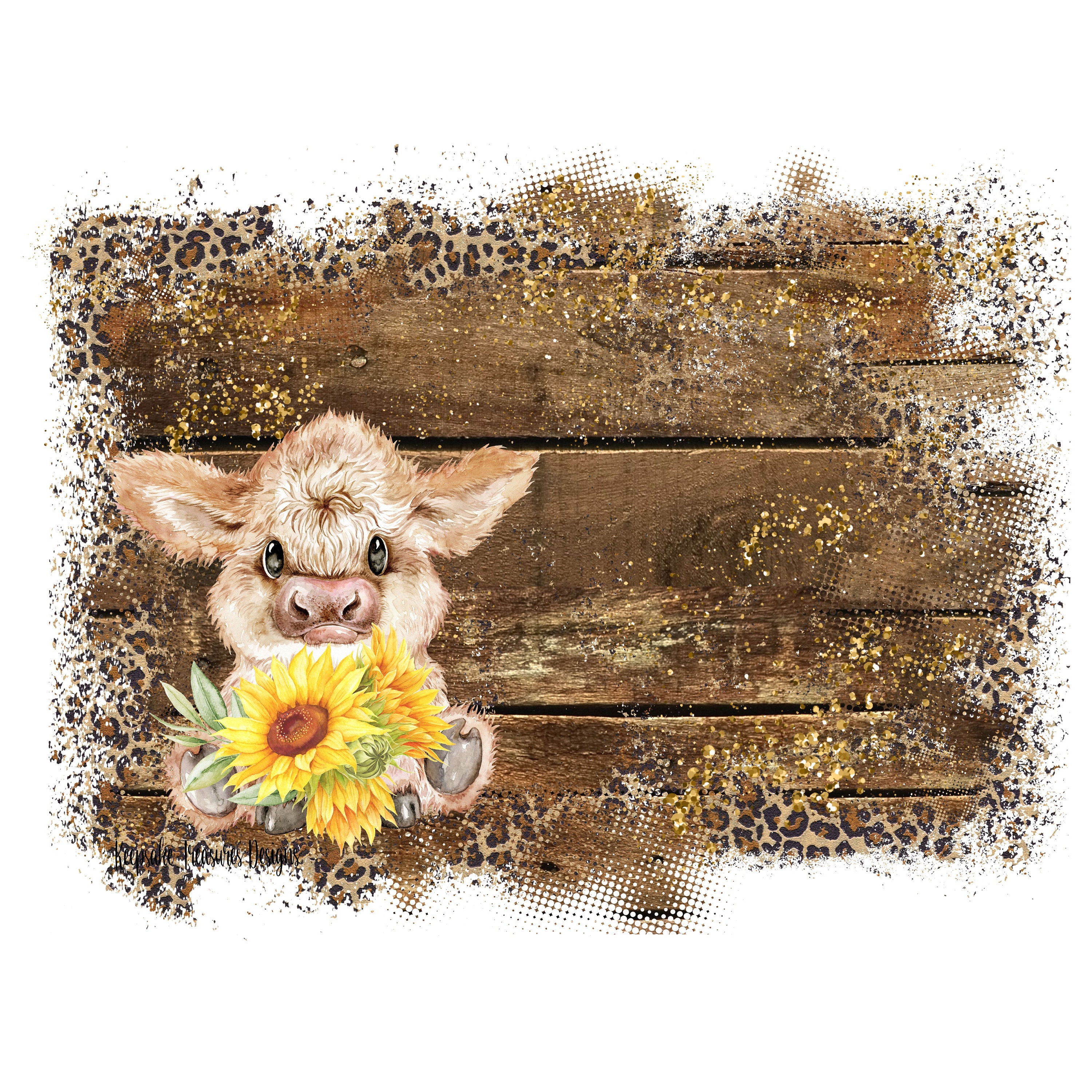 Highland Cow 1 Sunflower Background Leopard and Wood Print | Etsy