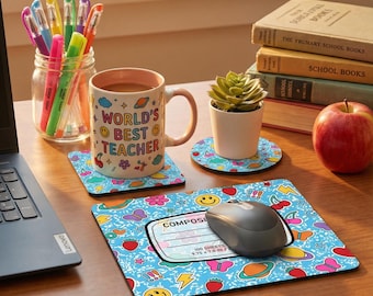 Set di adesivi retrò per la scrivania dell'insegnante in formato PNG, tappetino per mouse e sottobicchiere a sublimazione, design del quaderno blu, ritorno a scuola