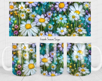 May include: White ceramic mug with a colorful floral design featuring white daisies with yellow centers on a teal background. The design is a repeating pattern of daisies.