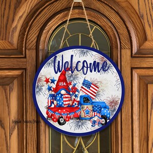 Patriotique, bienvenue, 4 juillet, gnome, modèle d'accroche-porte, sublimation, téléchargement numérique, PNG, clipart, pièce jointe de couronne