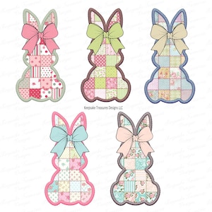 May include: Five different patchwork bunny designs with bows in various colours. The bunnies are all in a standing position with their ears up. The designs are all in a patchwork style with different colours and patterns. The bows are all in different colours and styles.