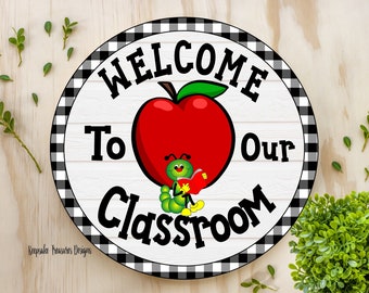 Benvenuti nella nostra classe, modello da appendere alla porta, topo di biblioteca, disegno a sublimazione, download digitale, PNG, clip art, ritorno a scuola, cartello con ghirlanda