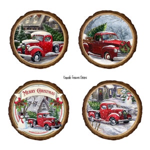 Ornamenti in legno vintage, Buon Natale, PNG individuali, camion rosso, modello di ornamento, design a sublimazione, download digitale, PNG, clip art