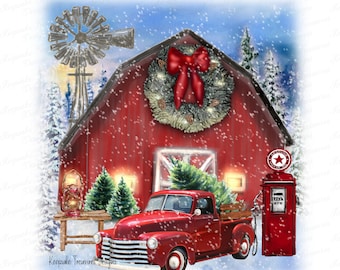 Winter Barn Scenery, Vintage Truck, PNG Sublimation Design, Digital Download, Pine Trees, Red Truck