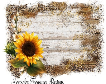 Fall Sunflower Background, Leopard and Wood Print, Sublimation Designs, PNG Printable, Background Frame