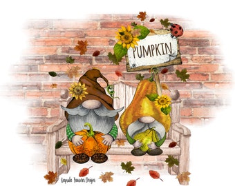 Fall Pumpkin Gnomes, Sublimation Design, Fall Gnomes, Sunflower, Ladybug, PNG, Digital Download, Brick Background, Clip Art