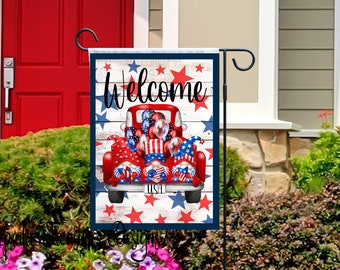 4th of July Gnome Garden Flag: Red Truck Sublimation Design (Digital Download)