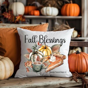 May include: White throw pillow with the text "Fall Blessings" printed in black. The pillow features a watercolor illustration of pumpkins, fall leaves, a slice of pie, and a cup of coffee.