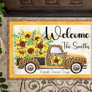 Sjabloon sublimatie deurmat, Welcome Leopard Truck, zonnebloemen, png-sublimatieontwerp, digitale download