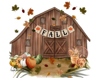 Fall Barn Scenery, Sublimation Design, PNG, Digital Download, Falling Leaves, Pumpkin, Clip Art