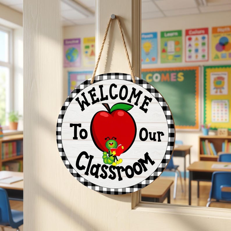 May include: Round wooden classroom sign with a black and white checkered border. The sign features the words "WELCOME To Our Classroom" around a red apple with a green leaf and a cartoon caterpillar holding a book. A rope is attached for hanging.